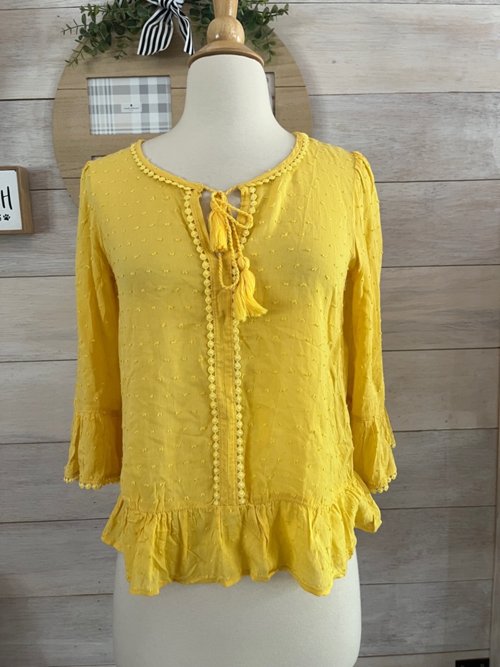 Textured Tassel Ruffle Blouse - Yellow XS
